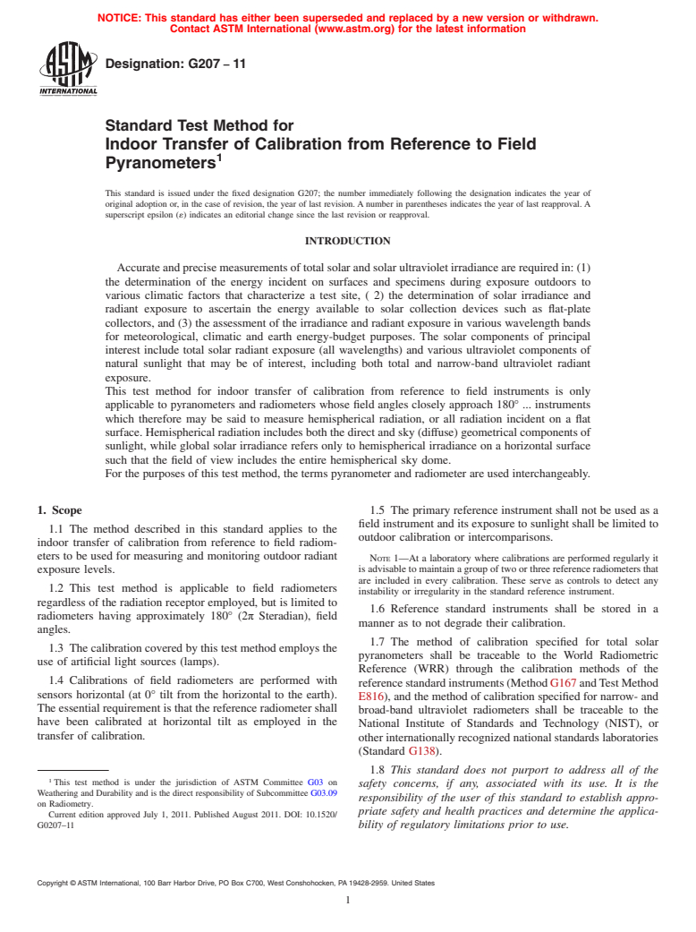 ASTM G207-11 - Standard Test Method for Indoor Transfer of Calibration from Reference to Field Pyranometers