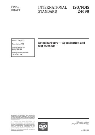 ISO/FDIS 24090:Version 13-okt-2020 - Dried barberry -- Specification and test methods