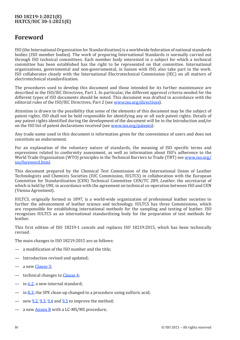 ISO 18219-1:2021 ISO 18219-1:2021 - Leather — Determination of chlorinated hydrocarbons in leather — Part 1: Chromatographic method for short-chain chlorinated paraffins (SCCPs)
Released:5/21/2021 - Page 4 preview
