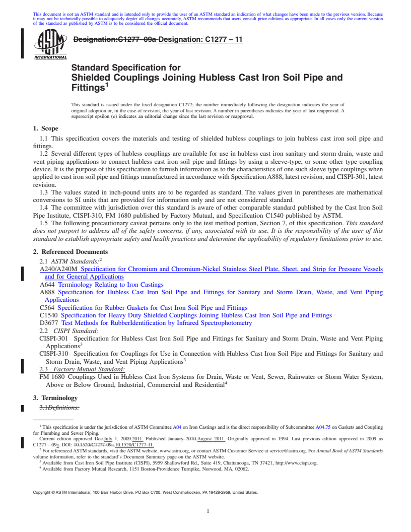 REDLINE ASTM C1277-11 - Standard Specification for Shielded Couplings Joining Hubless Cast Iron Soil Pipe and Fittings