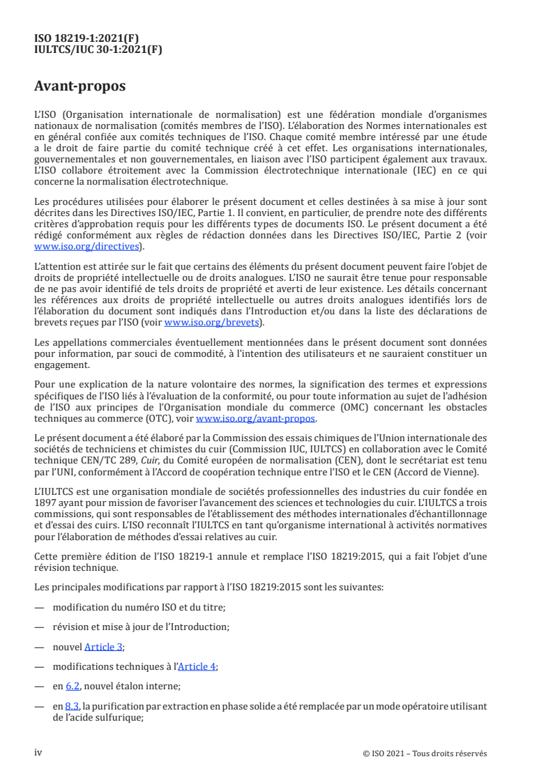ISO 18219-1:2021 ISO 18219-1:2021 - Cuir — Dosage des hydrocarbures chlorés dans le cuir — Partie 1: Méthode chromatographique pour les paraffines chlorées à chaîne courte (PCCC)
Released:10/8/2021 - Page 4 preview