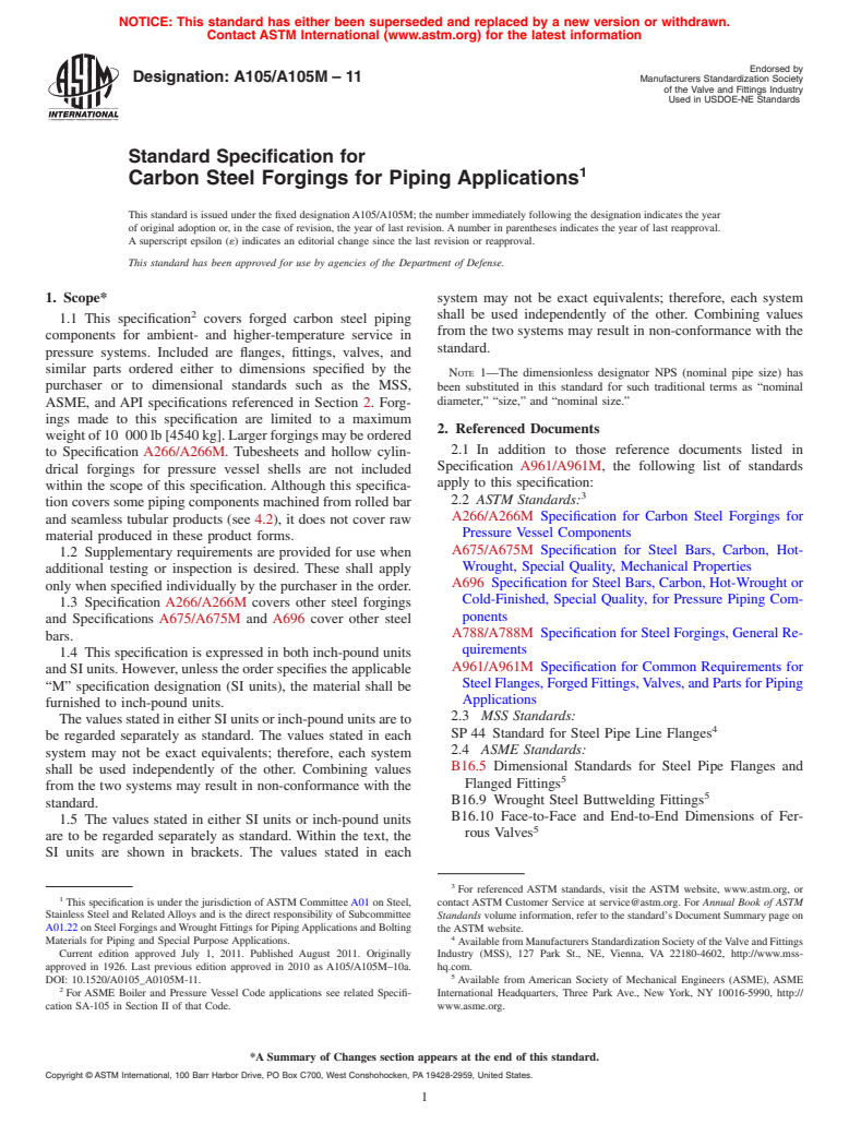 ASTM A105/A105M-11 - Standard Specification for  Carbon Steel Forgings for Piping Applications