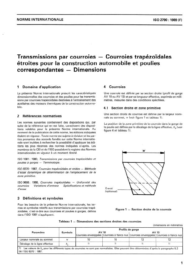 ISO 2790:1989 - Transmissions par courroies -- Courroies trapézoidales étroites pour la construction automobile et poulies correspondantes -- Dimensions