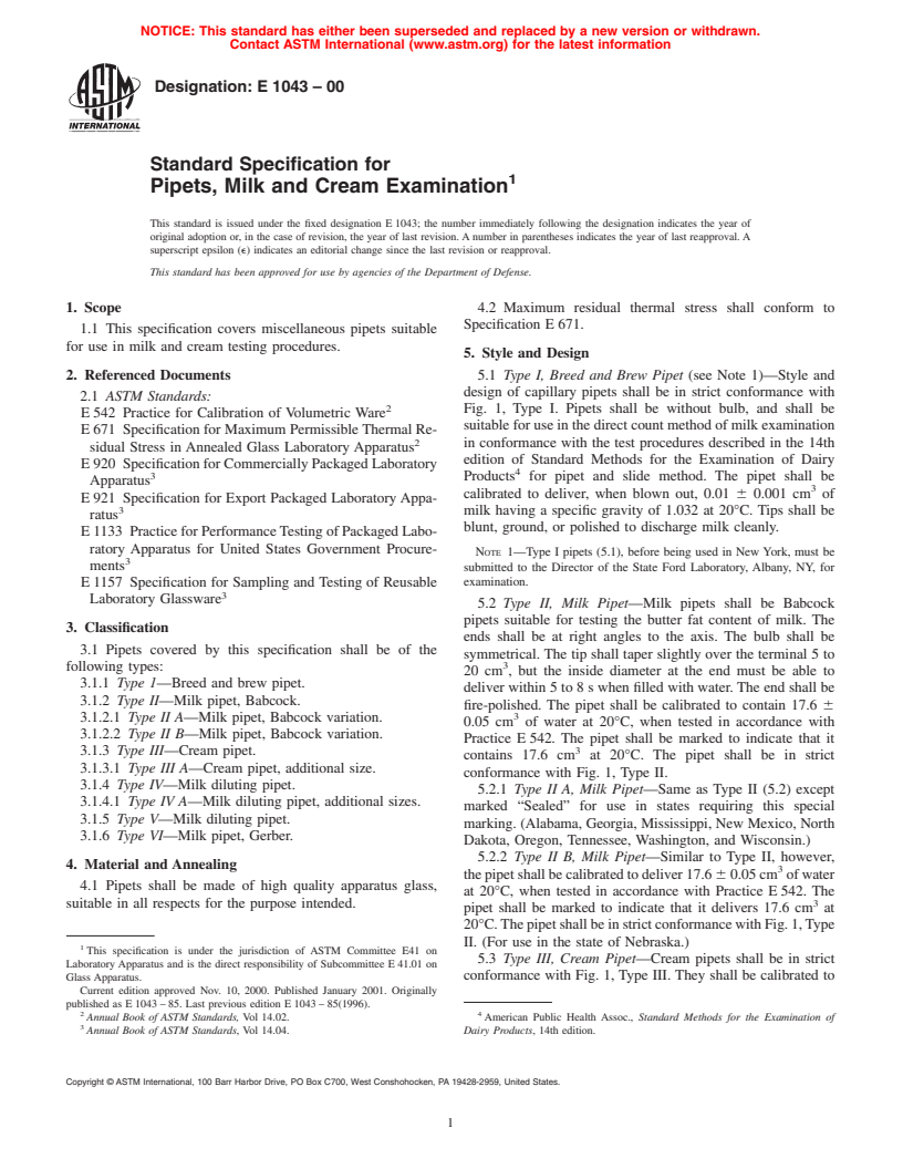 ASTM E1043-00 - Standard Specification for Pipets, Milk and Cream Examination