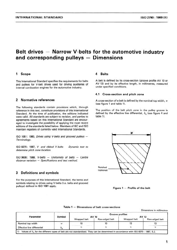 ISO 2790:1989 - Belt drives -- Narrow V-belts for the automotive industry and corresponding pulleys -- Dimensions