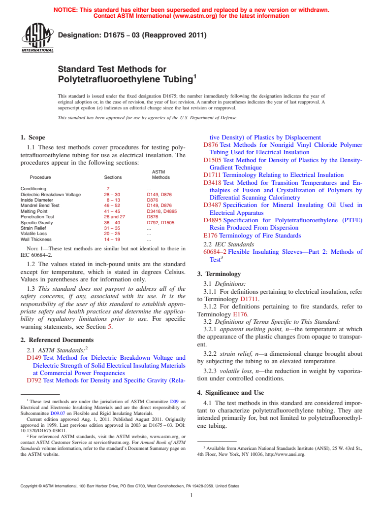 ASTM D1675-03(2011) - Standard Test Methods for  Polytetrafluoroethylene Tubing