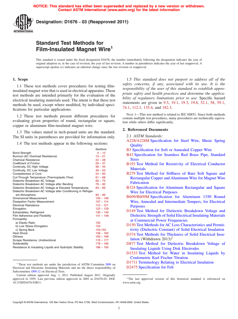 ASTM D1676-03(2011) - Standard Test Methods for Film-Insulated Magnet Wire