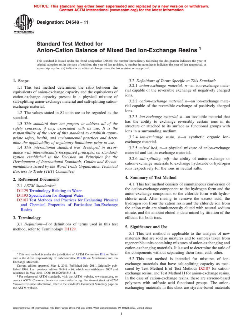 ASTM D4548-11 - Standard Test Method for Anion-Cation Balance of Mixed Bed Ion-Exchange Resins