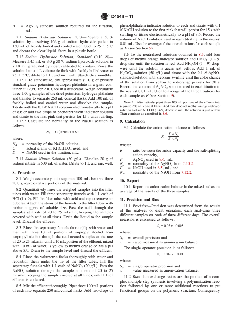 ASTM D4548-11 - Standard Test Method for Anion-Cation Balance of Mixed Bed Ion-Exchange Resins