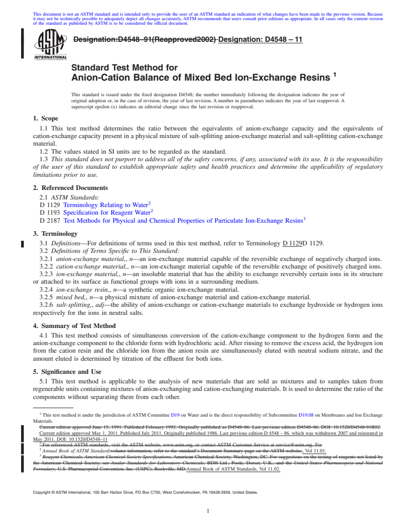 REDLINE ASTM D4548-11 - Standard Test Method for Anion-Cation Balance of Mixed Bed Ion-Exchange Resins