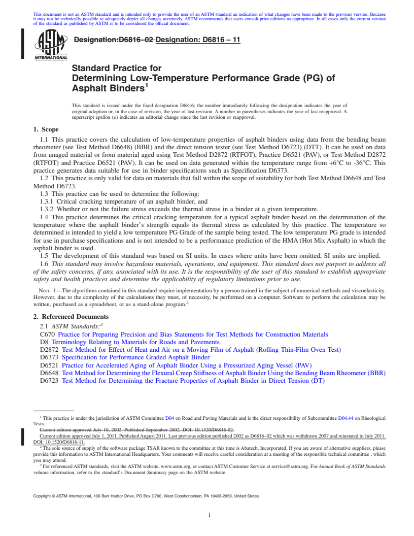 REDLINE ASTM D6816-11 - Standard Practice for Determining Low-Temperature Performance Grade (PG) of Asphalt Binders