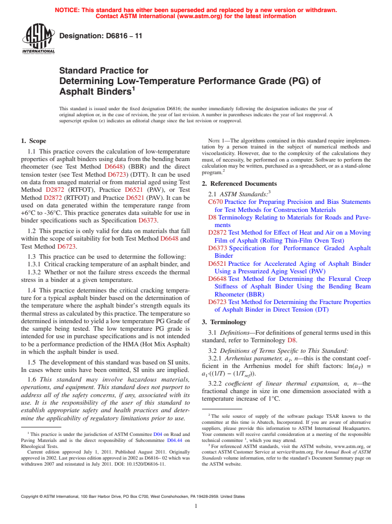 ASTM D6816-11 - Standard Practice for Determining Low-Temperature Performance Grade (PG) of Asphalt Binders