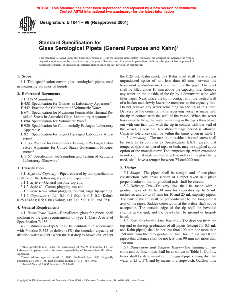 ASTM E1044-96(2001) - Standard Specification for Glass Serological Pipets (General Purpose and Kahn)