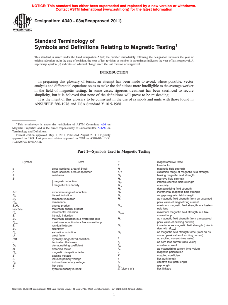 ASTM A340-03a(2011) - Standard Terminology of Symbols and Definitions Relating to Magnetic Testing