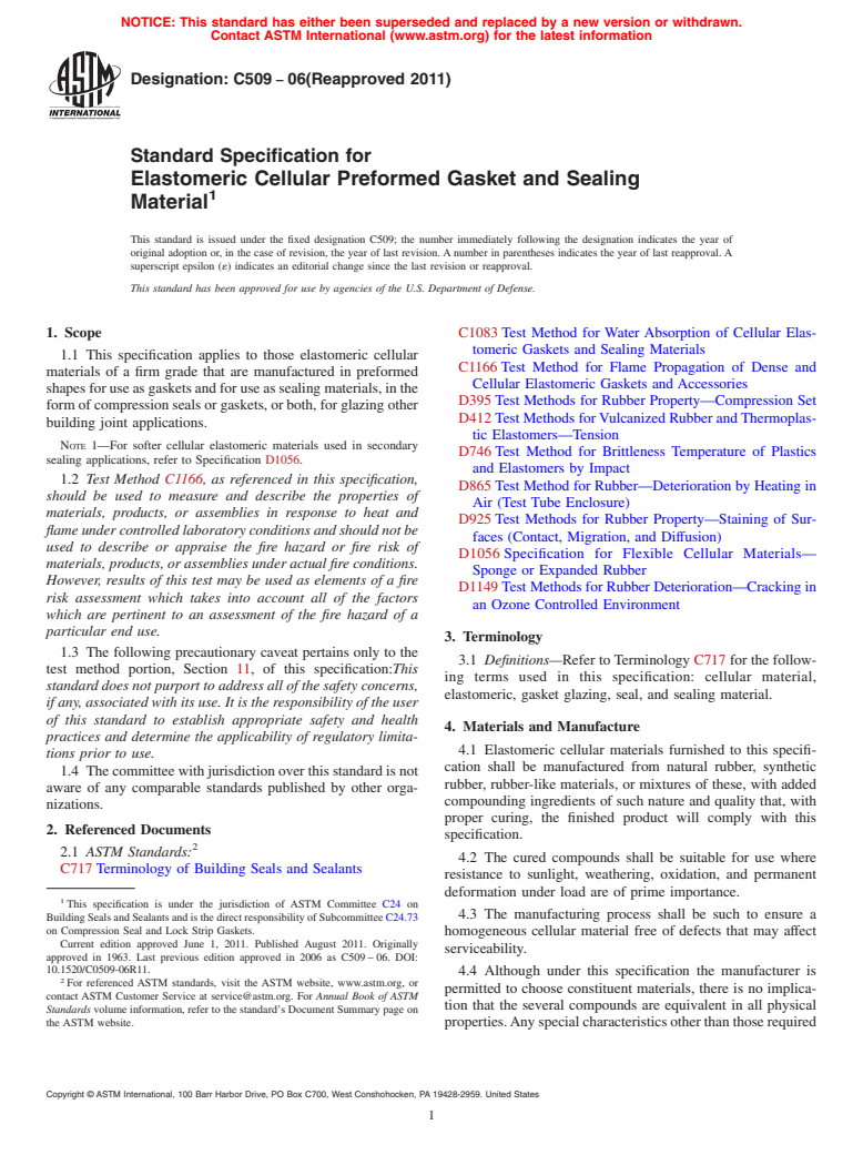 ASTM C509-06(2011) - Standard Specification for Elastomeric Cellular Preformed Gasket and Sealing Material