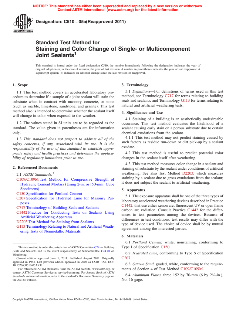 ASTM C510-05a(2011) - Standard Test Method for Staining and Color Change of Single- or Multicomponent Joint Sealants