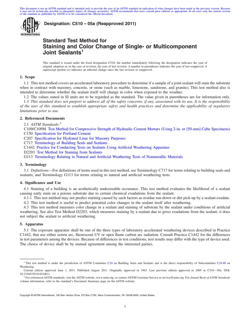 REDLINE ASTM C510-05a(2011) - Standard Test Method for Staining and Color Change of Single- or Multicomponent Joint Sealants