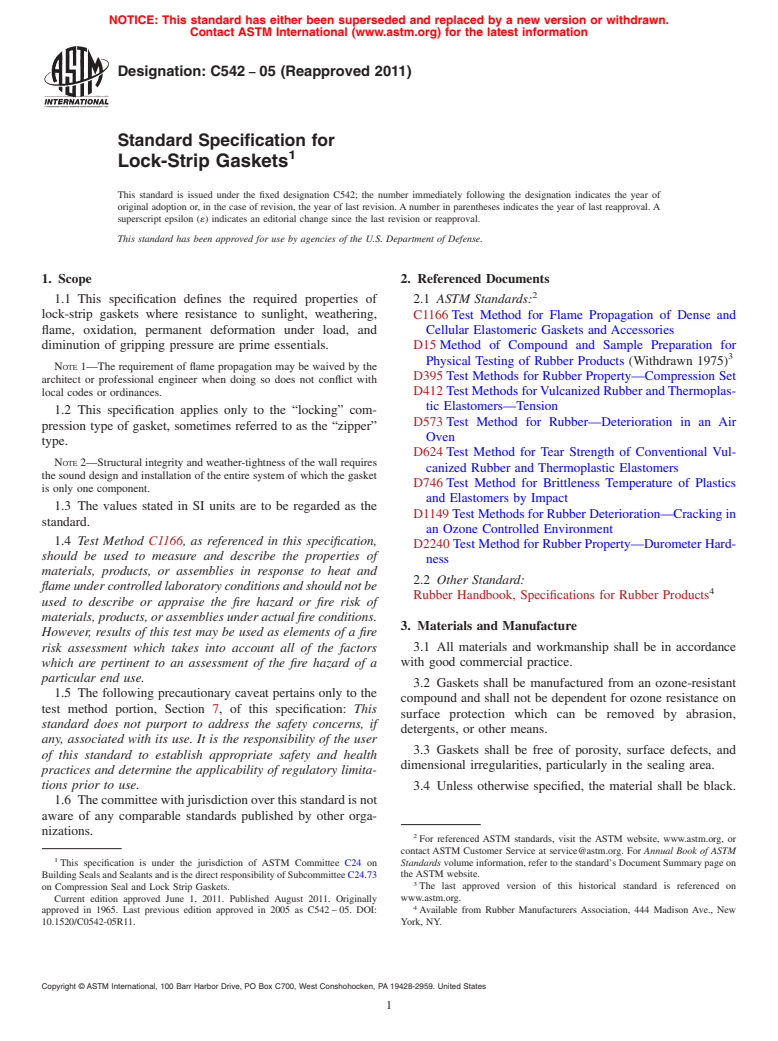 ASTM C542-05(2011) - Standard Specification for Lock-Strip Gaskets
