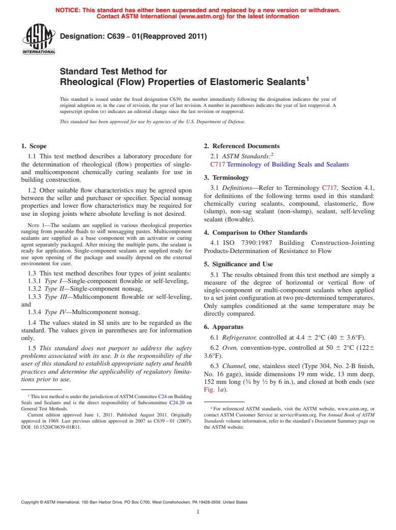 ASTM C639-01(2011) - Standard Test Method for Rheological (Flow) Properties of Elastomeric Sealants