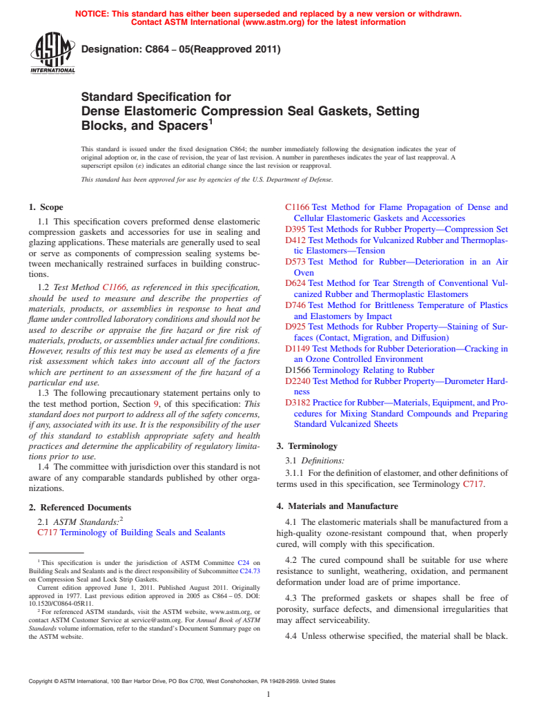 ASTM C864-05(2011) - Standard Specification for Dense Elastomeric Compression Seal Gaskets, Setting Blocks, and Spacers