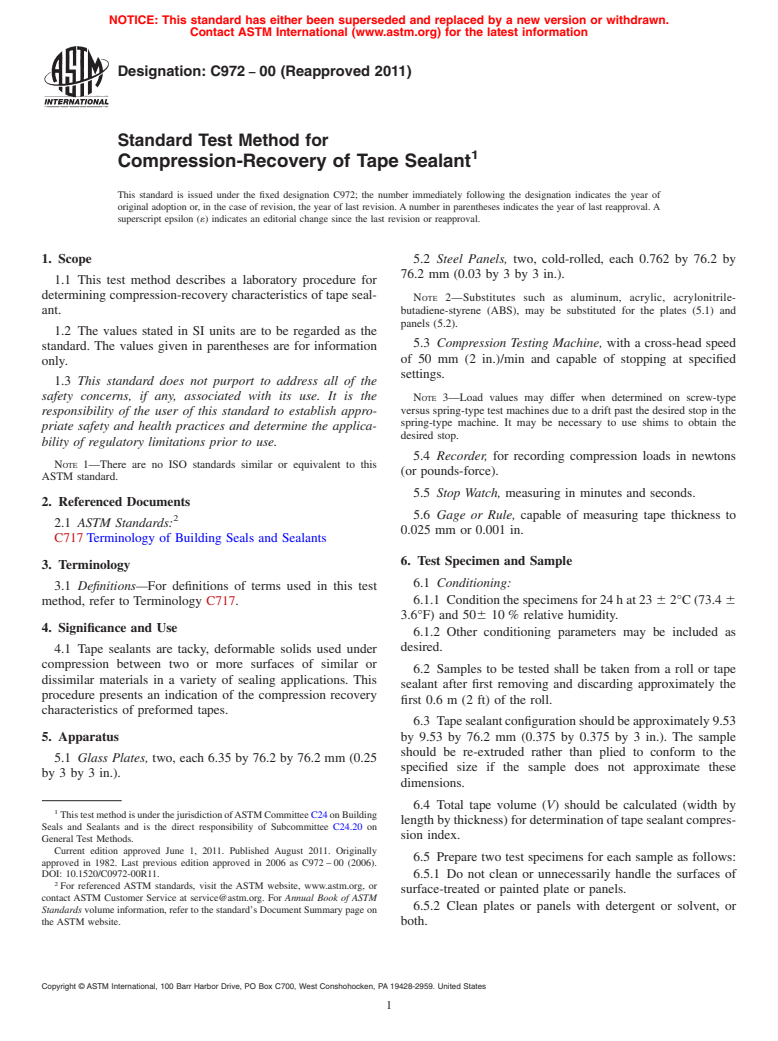 ASTM C972-00(2011) - Standard Test Method for Compression-Recovery of Tape Sealant