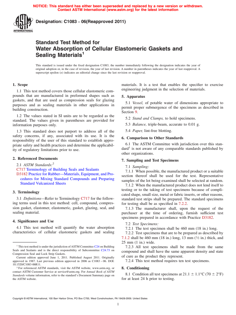 ASTM C1083-06(2011) - Standard Test Method for Water Absorption of Cellular Elastomeric Gaskets and Sealing Materials