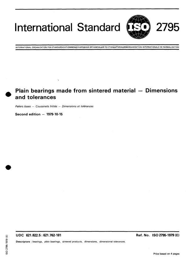 ISO 2795:1979 - Plain bearings made from sintered material -- Dimensions and tolerances