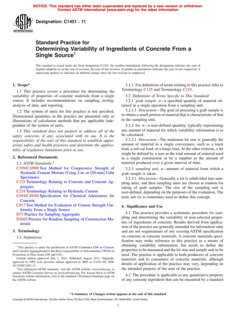 ASTM C1451-11 - Standard Practice for Determining Uniformity of Ingredients of Concrete From a Single Source