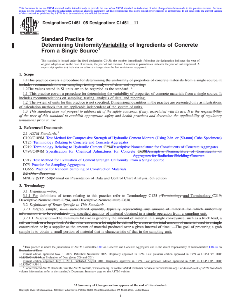 REDLINE ASTM C1451-11 - Standard Practice for Determining Uniformity of Ingredients of Concrete From a Single Source