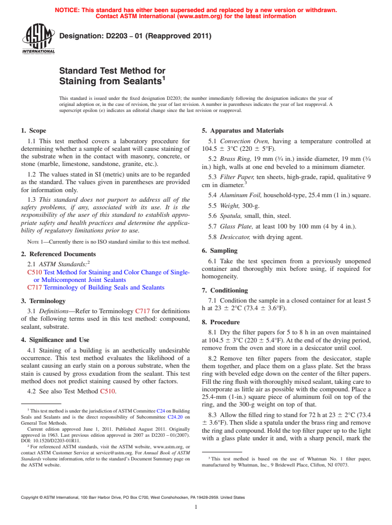 ASTM D2203-01(2011) - Standard Test Method for Staining from Sealants