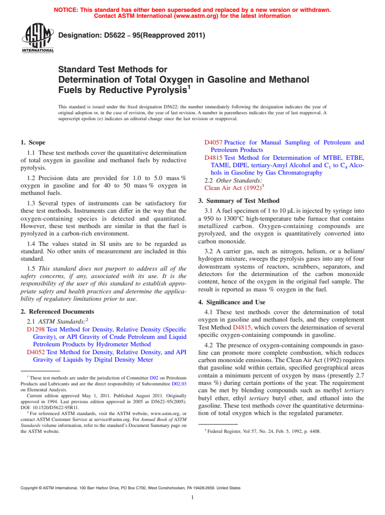 ASTM D5622-95(2011) - Standard Test Methods for Determination of Total Oxygen in Gasoline and Methanol Fuels by Reductive Pyrolysis