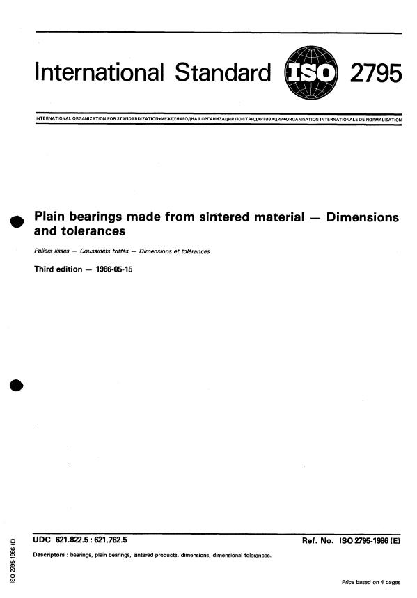 ISO 2795:1986 - Plain bearings made from sintered material -- Dimensions and tolerances