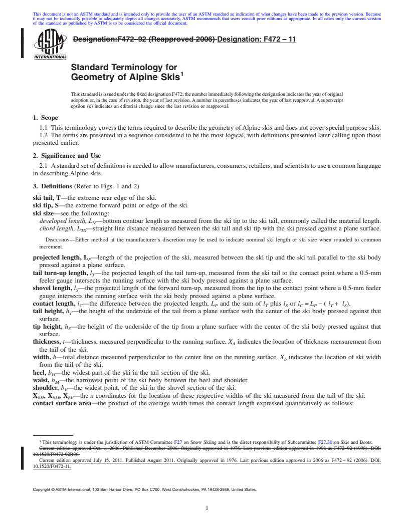 REDLINE ASTM F472-11 - Standard Terminology for Geometry of Alpine Skis