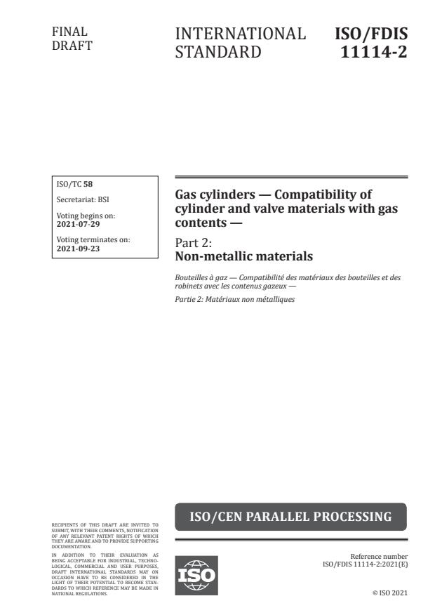 ISO/FDIS 11114-2:Version 24-jul-2021 - Gas cylinders -- Compatibility of cylinder and valve materials with gas contents