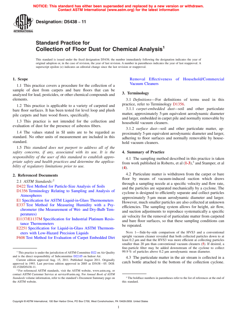 ASTM D5438-11 - Standard Practice for Collection of Floor Dust for Chemical Analysis
