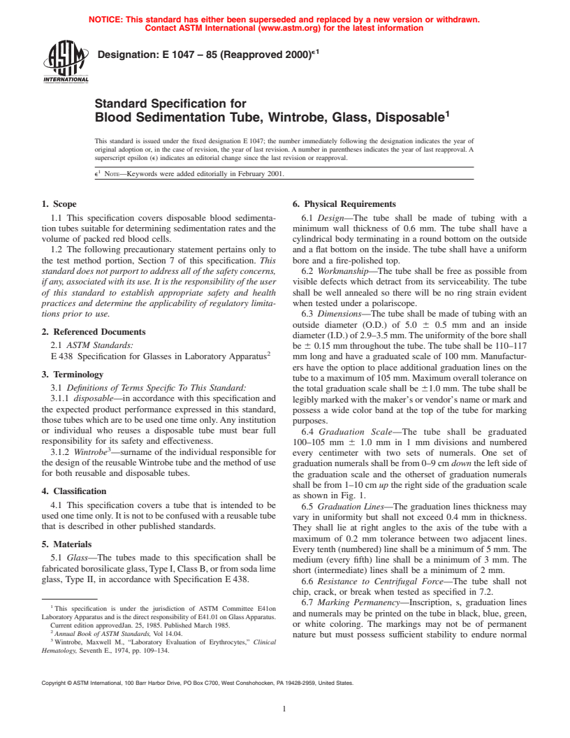 ASTM E1047-85(2000)e1 - Standard Specification for Blood Sedimentation Tube, Wintrobe, Glass, Disposable