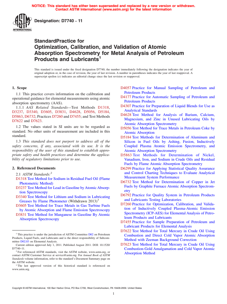 ASTM D7740-11 - Standard Practice for Optimization, Calibration, and Validation of Atomic Absorption Spectrometry for Metal Analysis of Petroleum Products and Lubricants