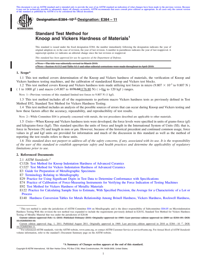 REDLINE ASTM E384-11 - Standard Test Method for Knoop and Vickers Hardness of Materials