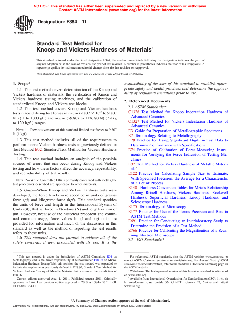 ASTM E384-11 - Standard Test Method for Knoop and Vickers Hardness of Materials