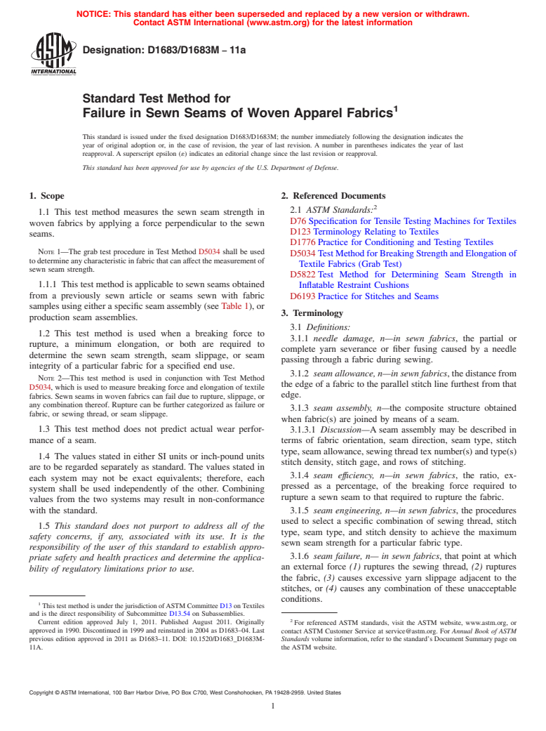 ASTM D1683/D1683M-11a - Standard Test Method for Failure in Sewn Seams of Woven Apparel Fabrics