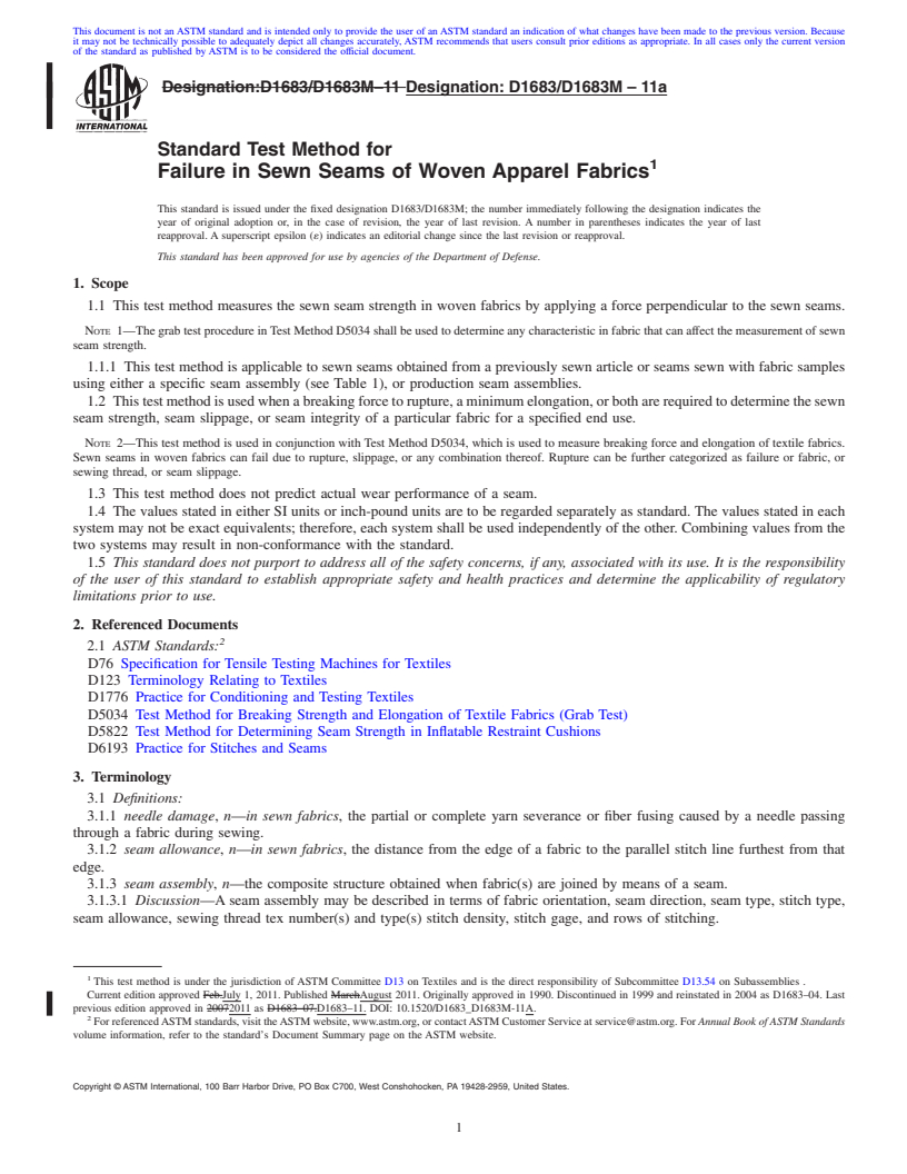 REDLINE ASTM D1683/D1683M-11a - Standard Test Method for Failure in Sewn Seams of Woven Apparel Fabrics