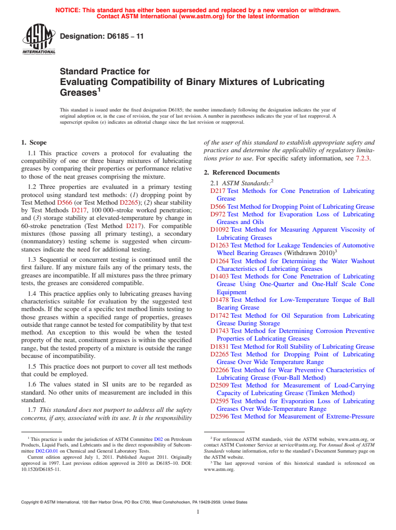 ASTM D6185-11 - Standard Practice for Evaluating Compatibility of Binary Mixtures of Lubricating Greases