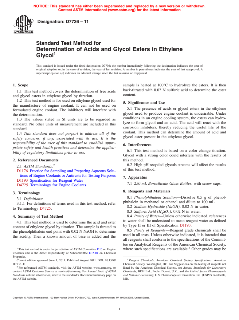 ASTM D7736-11 - Standard Test Method for Determination of Acids and Glycol Esters in Ethylene Glycol