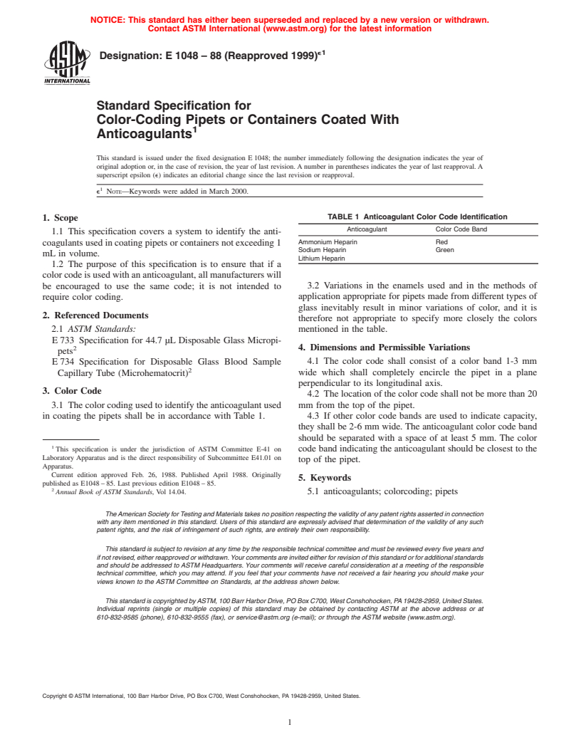 ASTM E1048-88(1999)e1 - Standard Specification for Color-Coding Pipets or Containers Coated With Anticoagulants