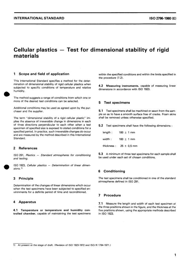 ISO 2796:1980 - Cellular plastics -- Test for dimensional stability of rigid materials