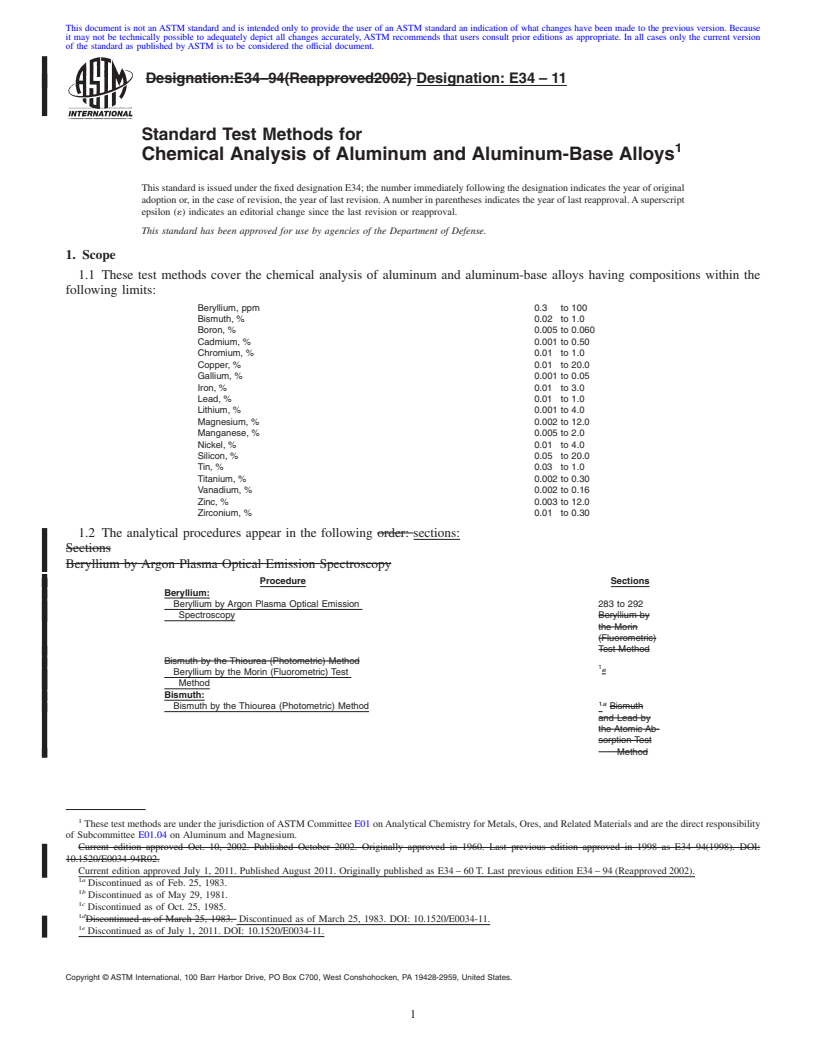 REDLINE ASTM E34-11 - Standard Test Methods for  Chemical Analysis of Aluminum and Aluminum-Base Alloys