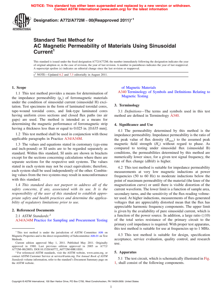 ASTM A772/A772M-00(2011)e1 - Standard Test Method for  AC Magnetic Permeability of Materials Using Sinusoidal Current