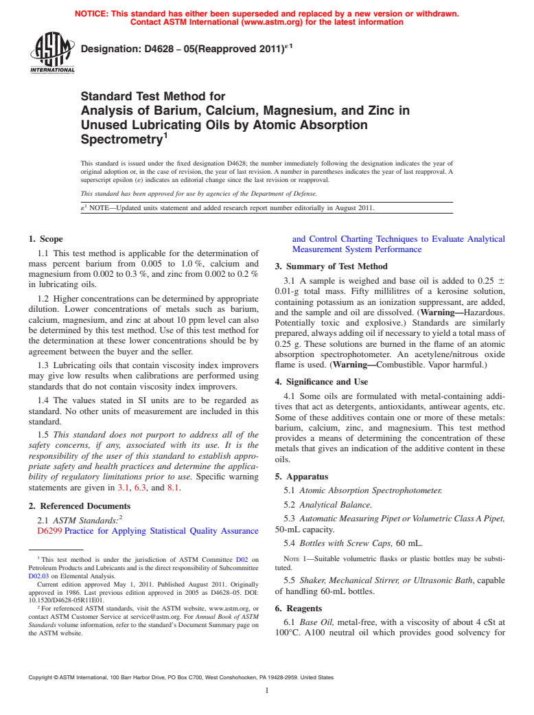 ASTM D4628-05(2011)e1 - Standard Test Method for Analysis of Barium, Calcium, Magnesium, and Zinc in Unused Lubricating Oils by Atomic Absorption Spectrometry