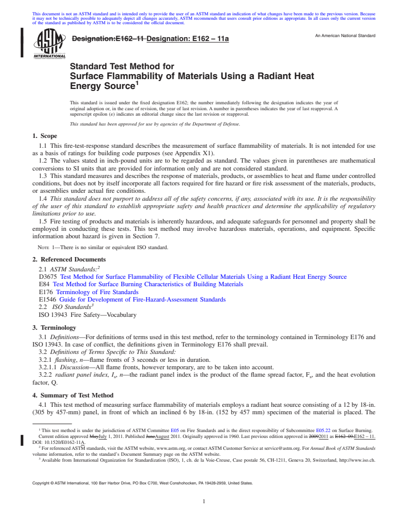 REDLINE ASTM E162-11a - Standard Test Method for Surface Flammability of Materials Using a Radiant Heat Energy Source