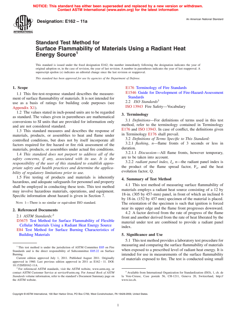 ASTM E162-11a - Standard Test Method for Surface Flammability of Materials Using a Radiant Heat Energy Source